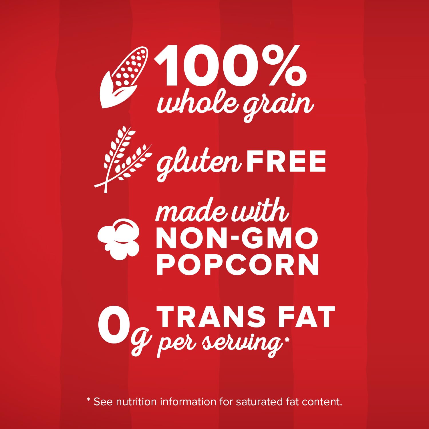 Orville Redenbacher's label highlights no artificial preservatives or dyes for cleaner snacking.