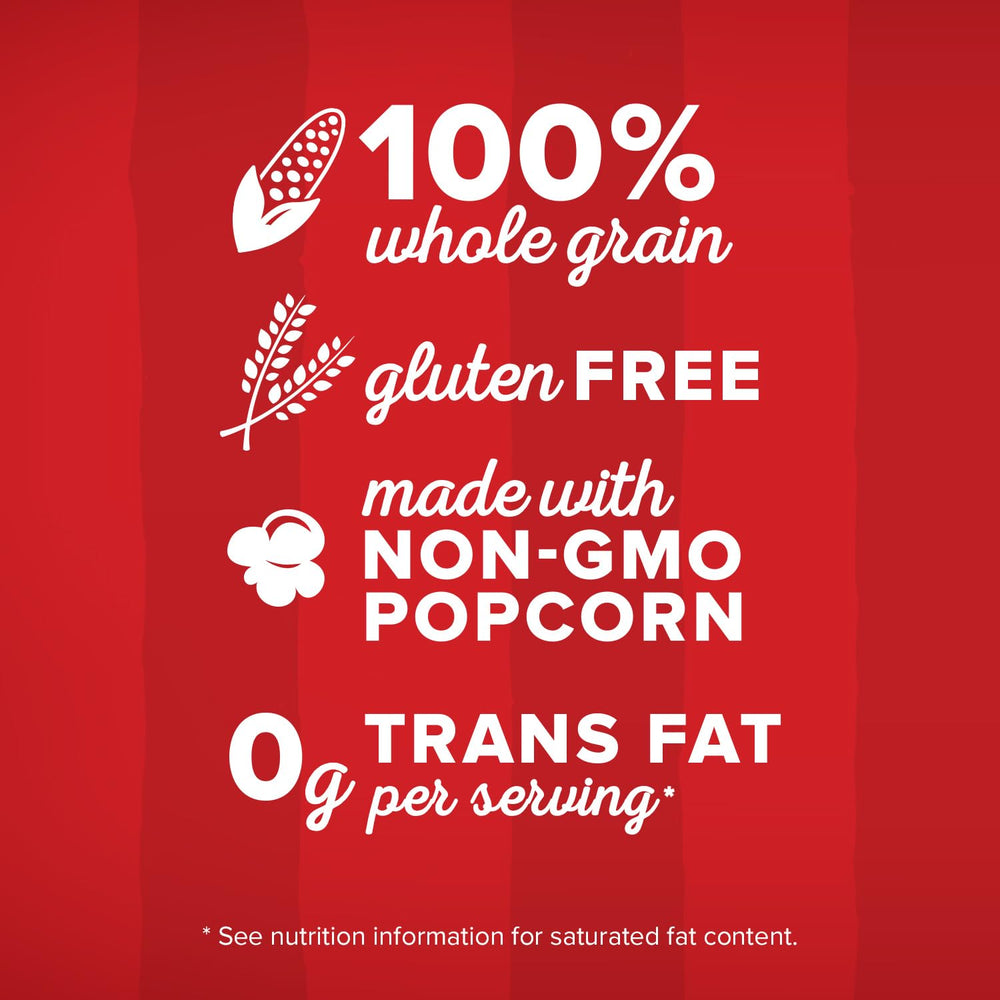Orville Redenbacher's label highlights no artificial preservatives or dyes for cleaner snacking.