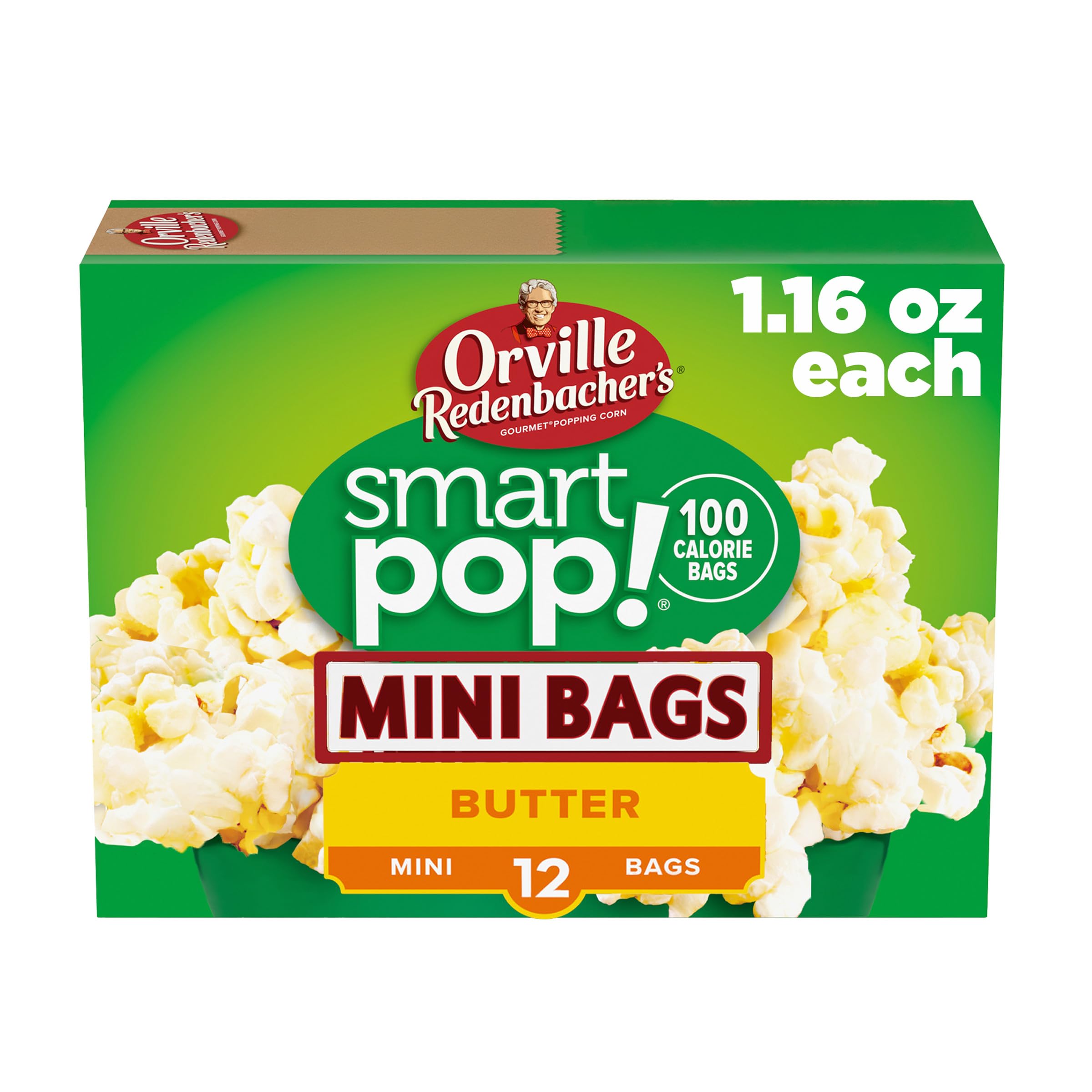 Orville Redenbacher's SmartPop Butter mini bag front view, perfect quick snack with 100 calories