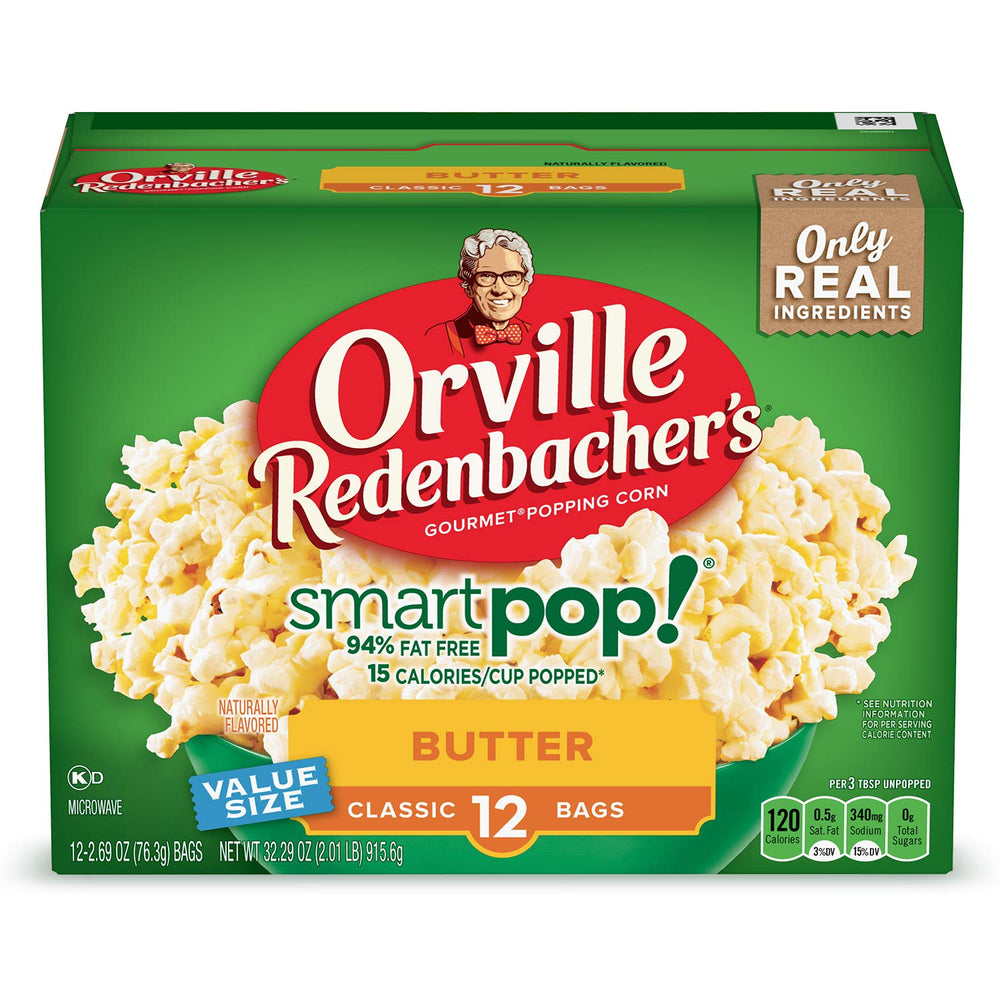 Orville Redenbacher's SmartPop! butter popcorn packaging in a 12-bag box for easy snacking