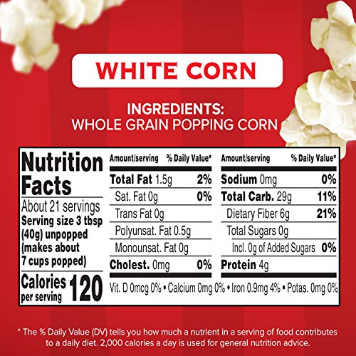 Orville Redenbacher's white kernels in a hot-air popper for light popcorn.