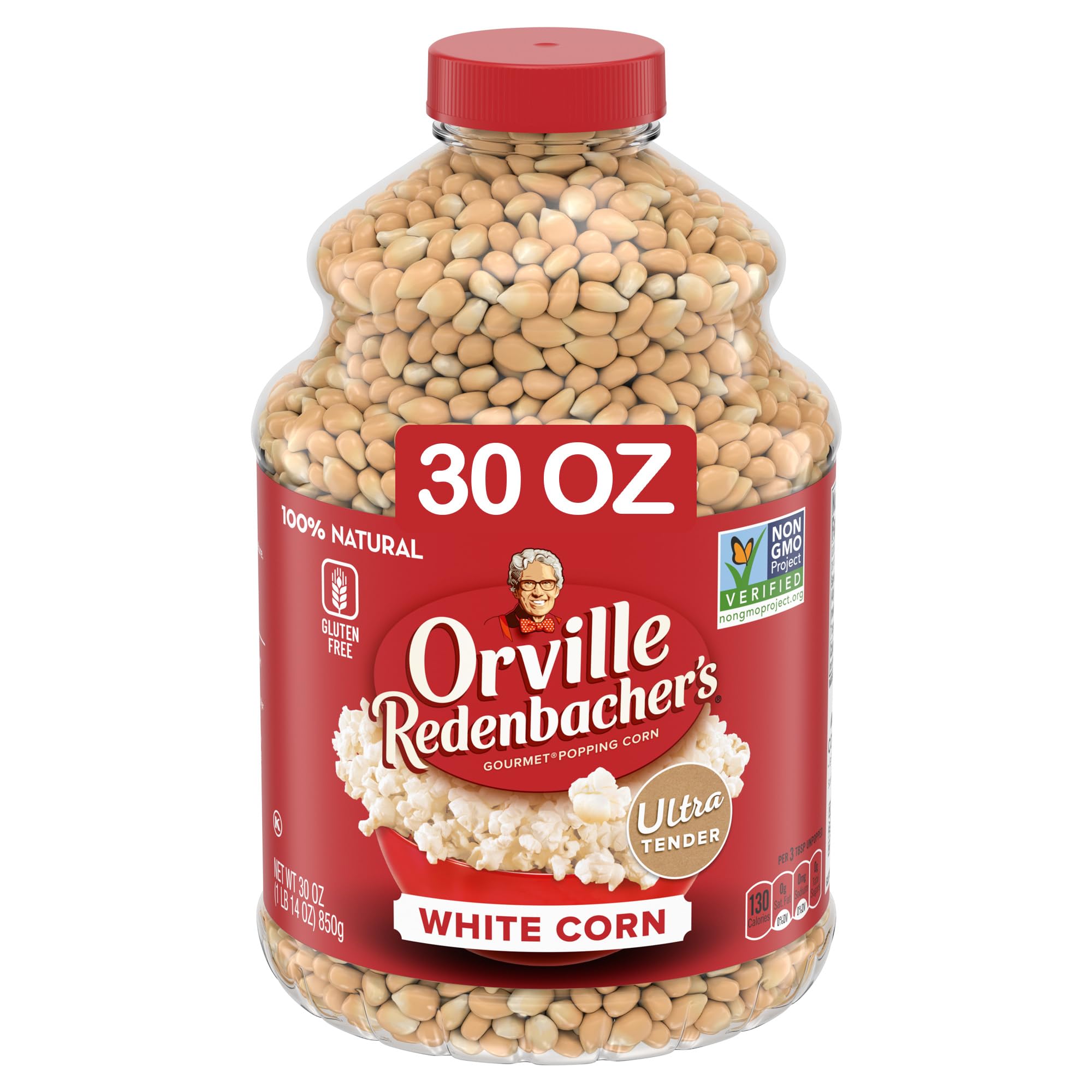 Orville Redenbacher's white kernels unpopped, ready for a fresh fluffy popcorn snack.