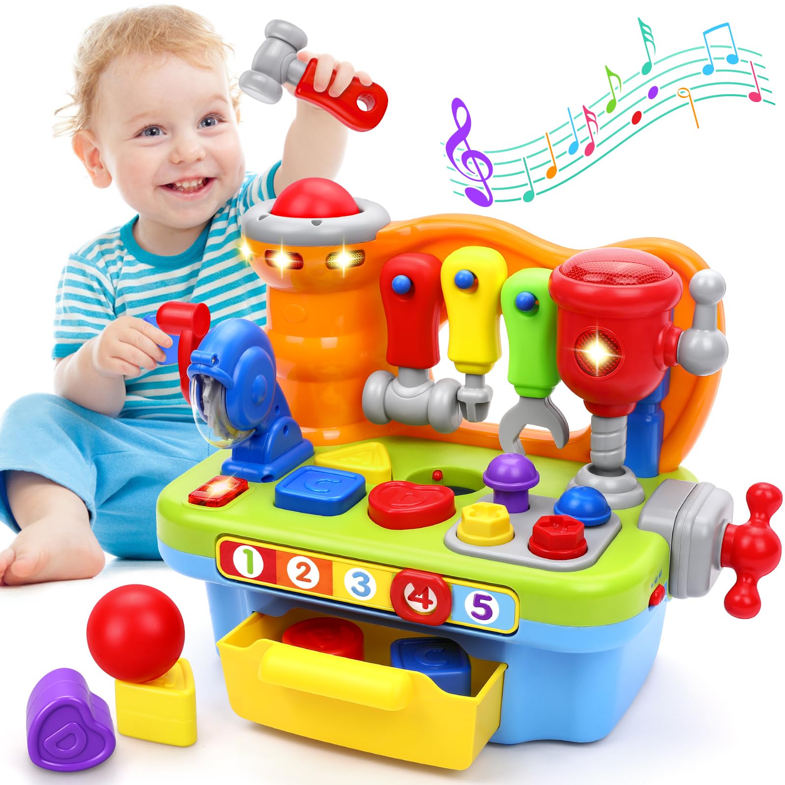 Orwine tool bench for 1-year-olds with music and lights inspires imaginative play.