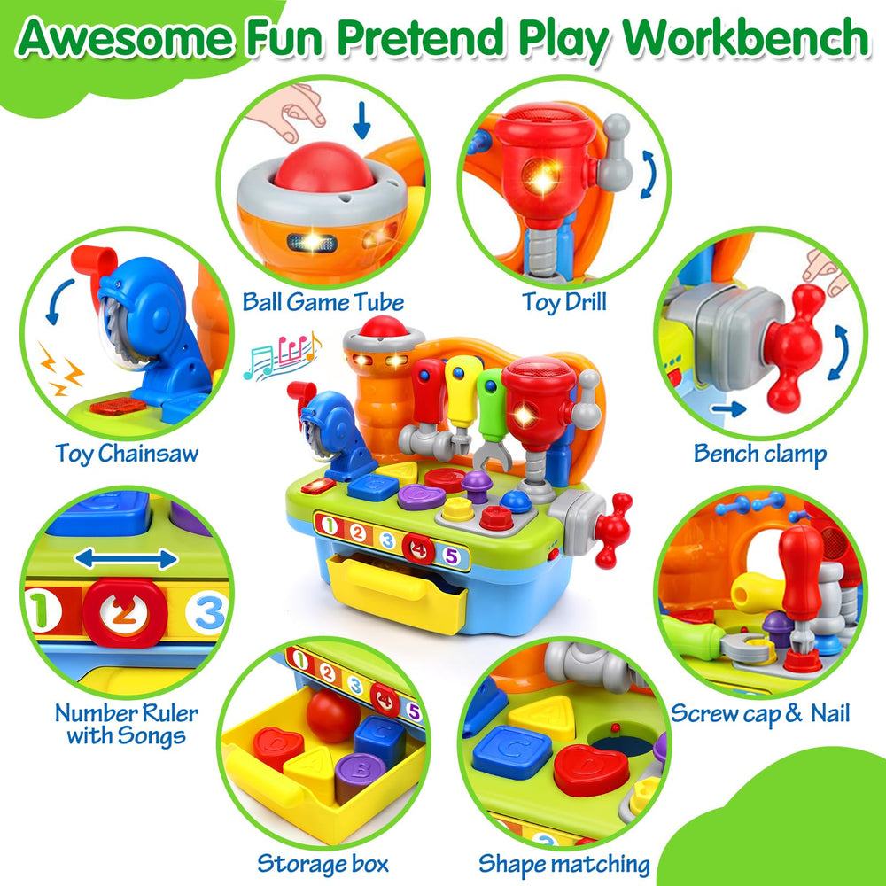 Orwine toy bench with drill and hammer engages little hands in motor tasks.