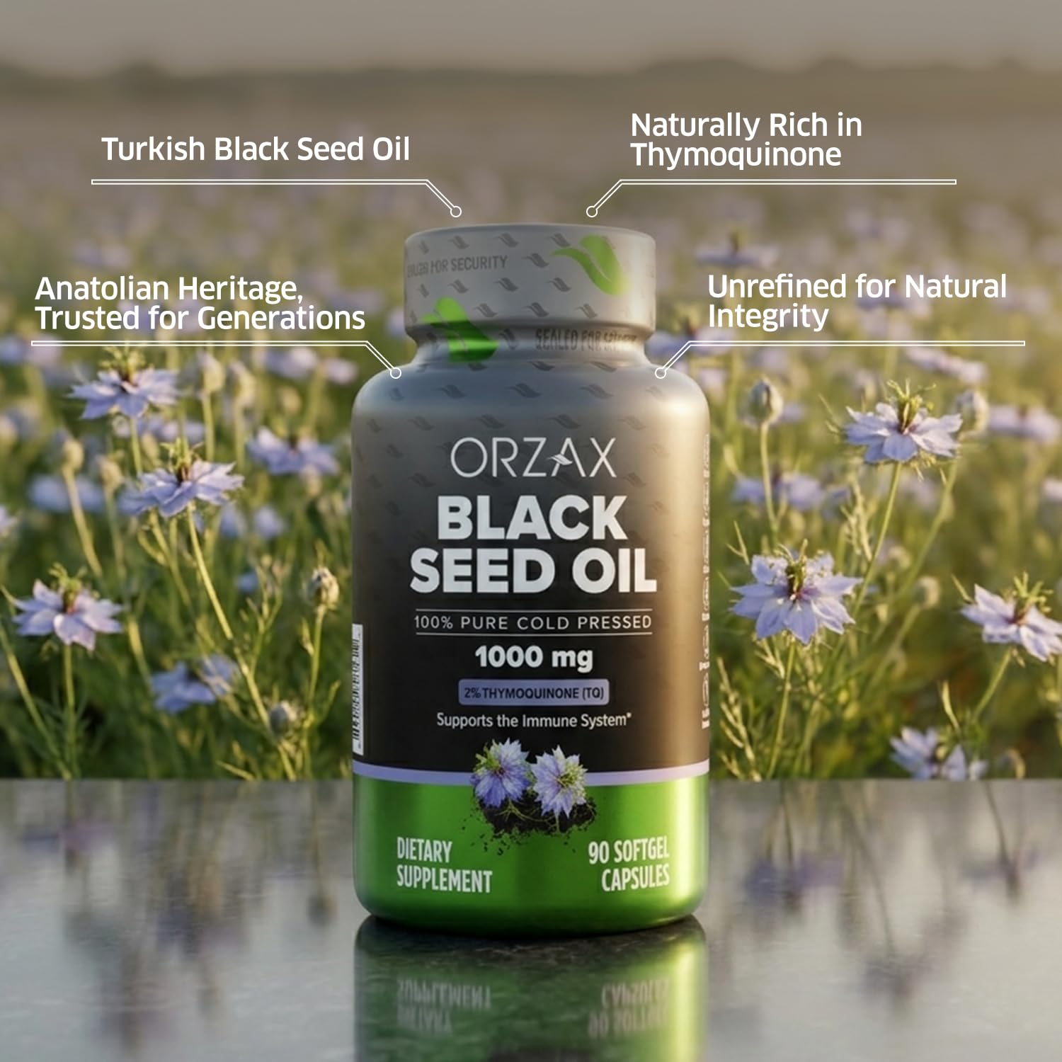 ORZAX bottle pour shot showing easy to swallow capsules for daily use.