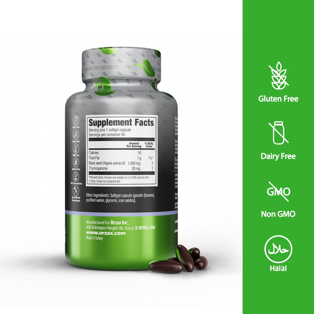 ORZAX black seed oil capsules close up for convenient daily Omega 3-6-9.