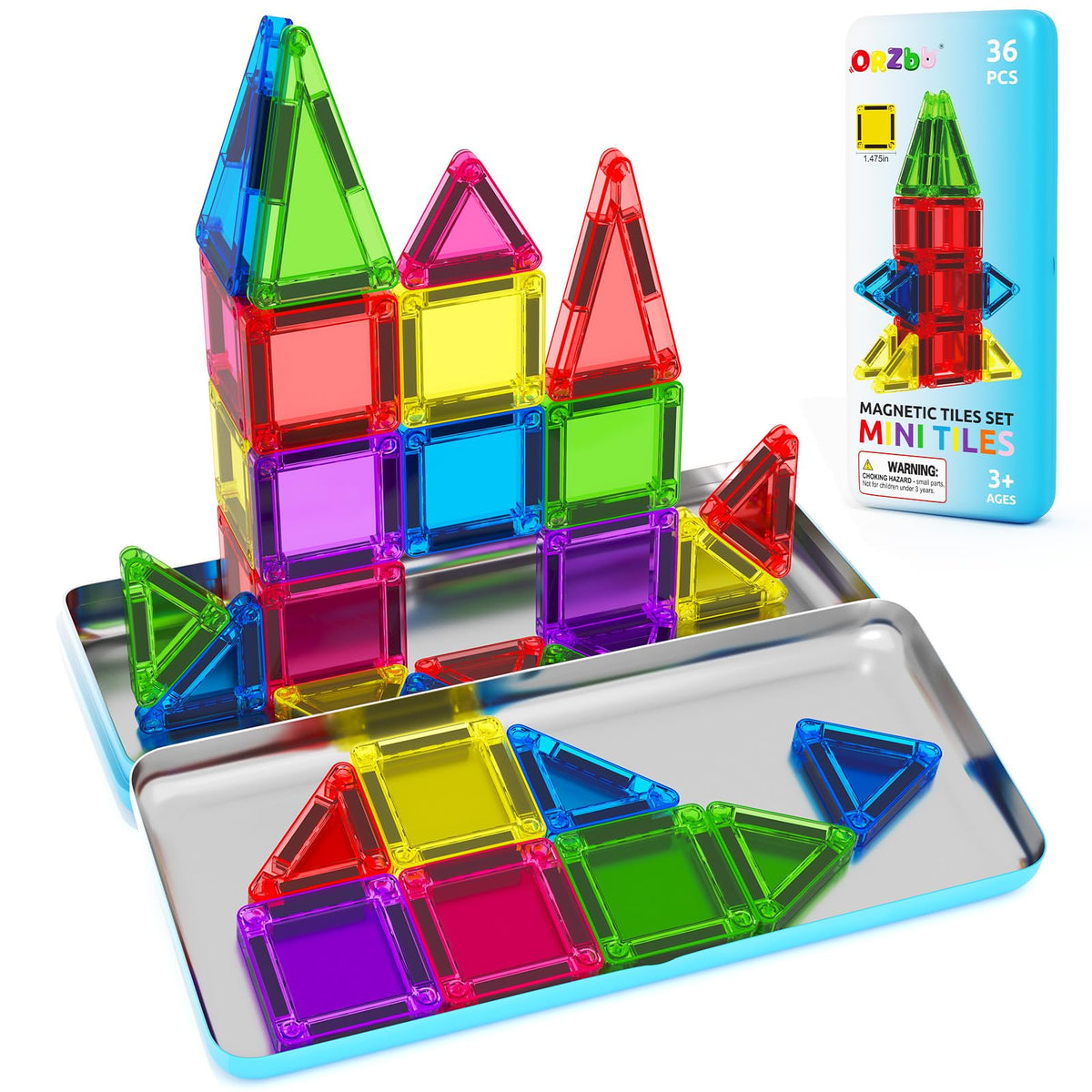 ORZbb magnetic tiles mini travel box with contents for portable learning.