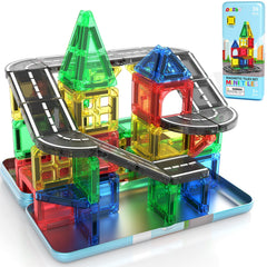 ORZbb mini magnetic tiles road with case, travel-friendly road-building fun