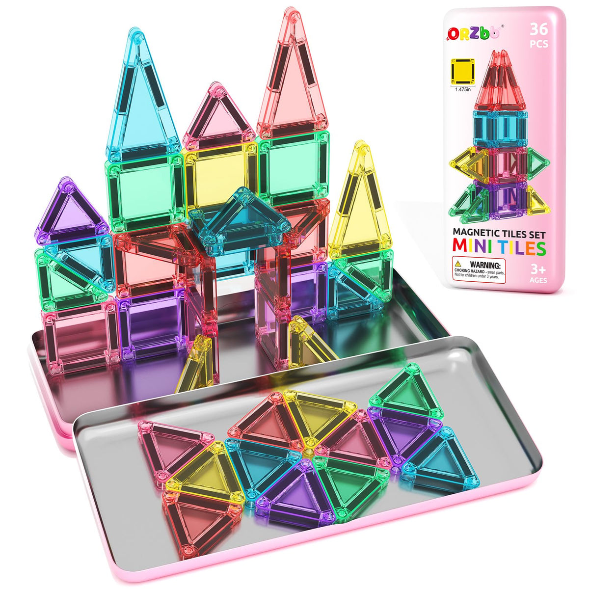 ORZbb mini magnetic tiles arranged with travel box for on-the-go play