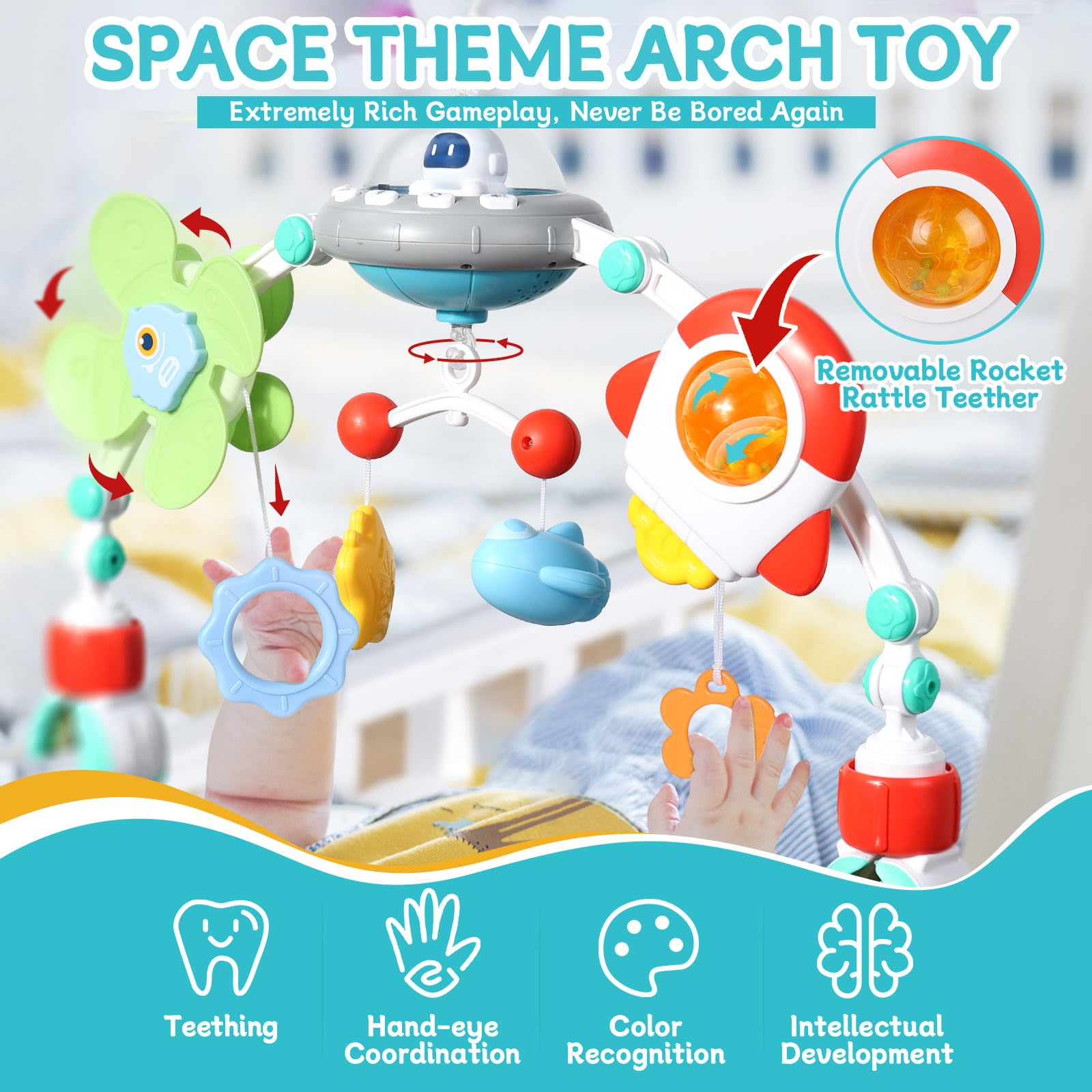 Orzbow rocket rattle teether provides chewing relief and auditory cue for play