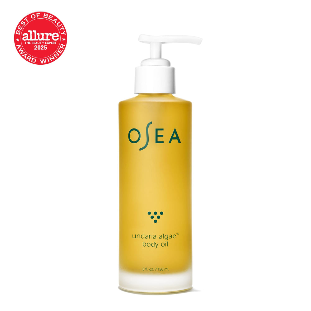 OSEA Undaria Algae Body Oil pour demonstrates quick absorption for non-greasy moisturization.