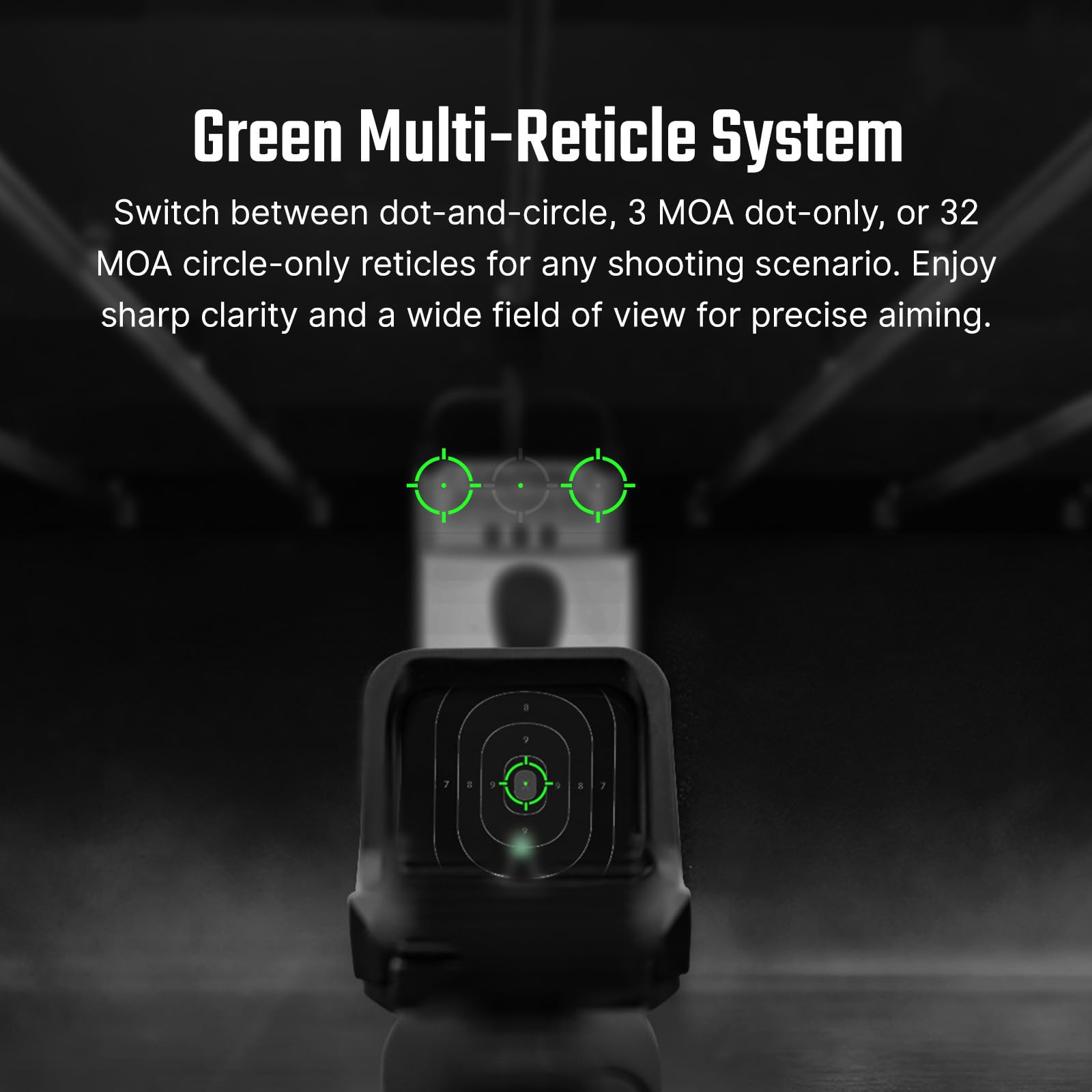 Osight C 3 MOA dot and 32 MOA circle options for versatile aiming.