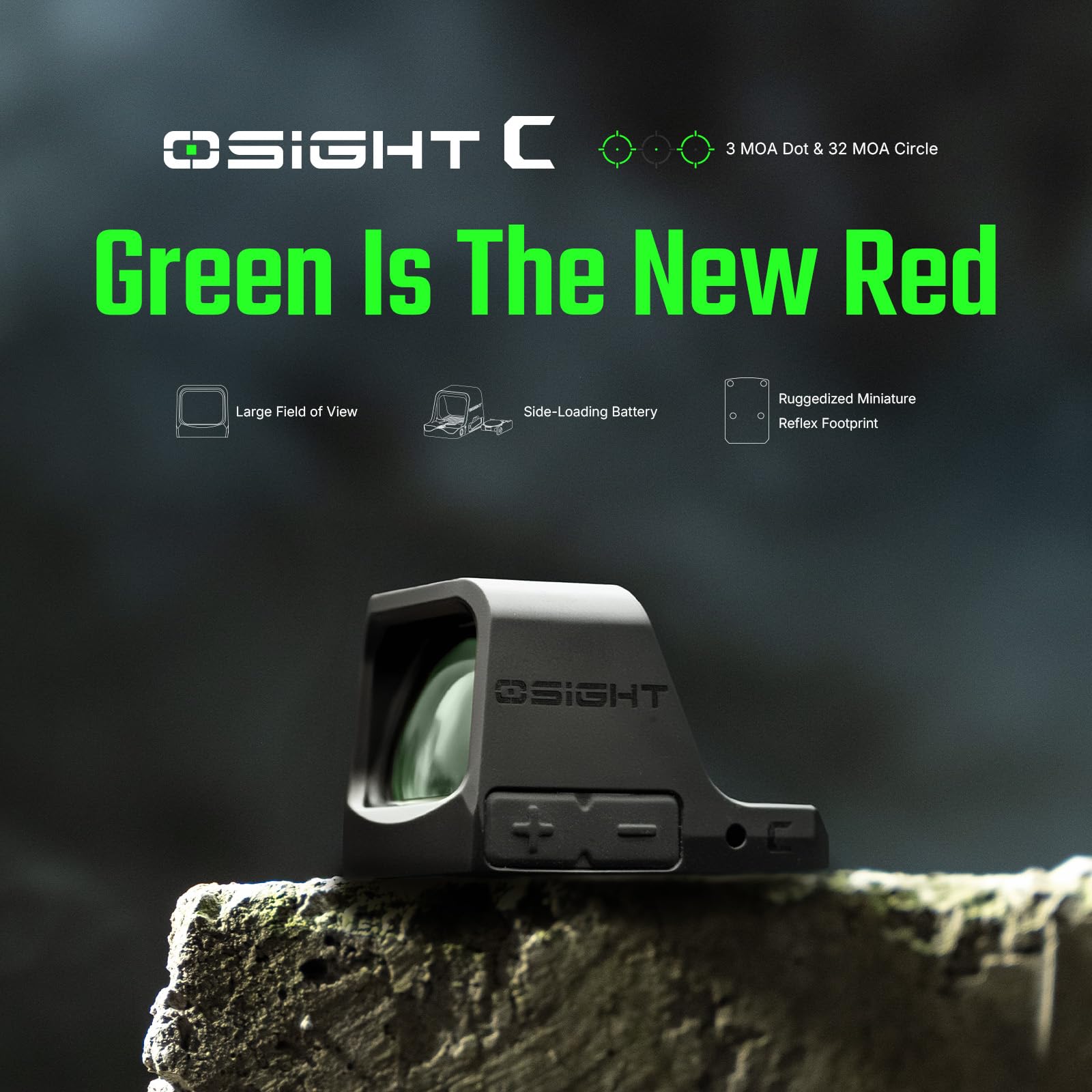 Osight C side-loading battery allows easy changes without removing the optic.