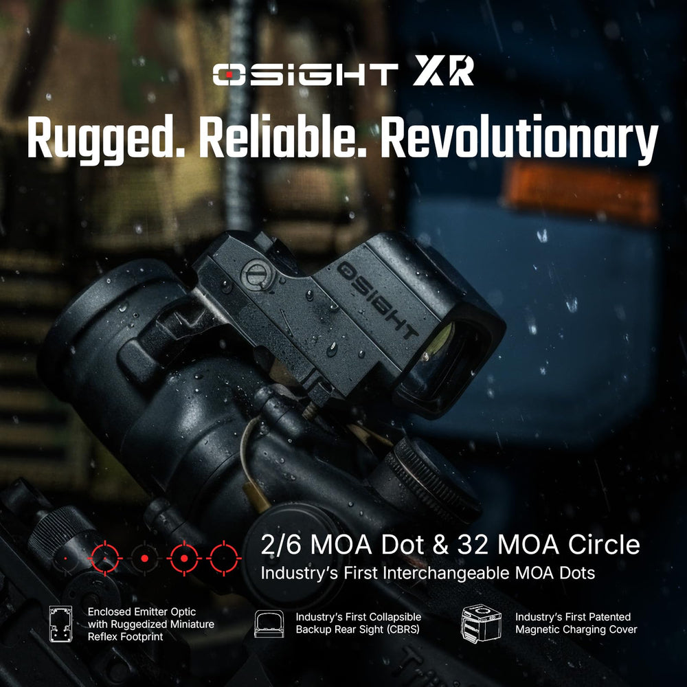 Osight XR close-up showing 2 MOA dot with 32 MOA circle for versatility.