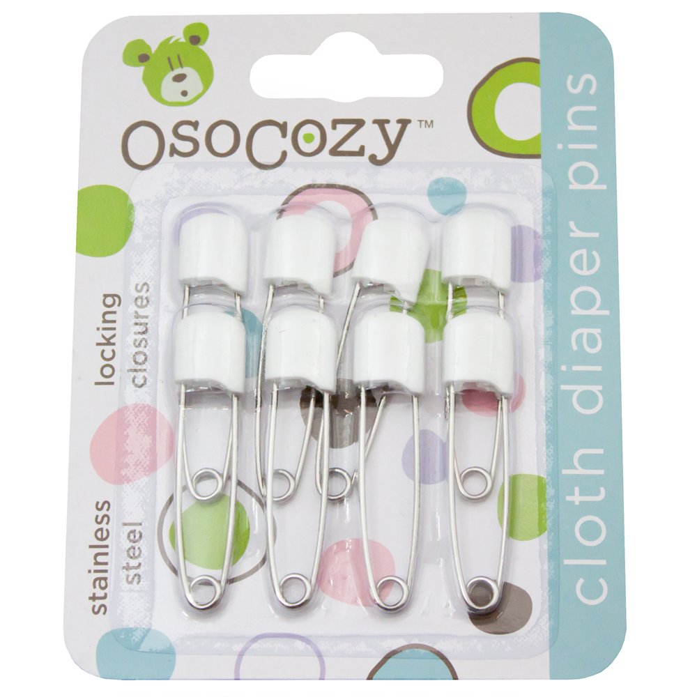 OsoCozy white diaper pins with locking closures for safe diapering and quick use.