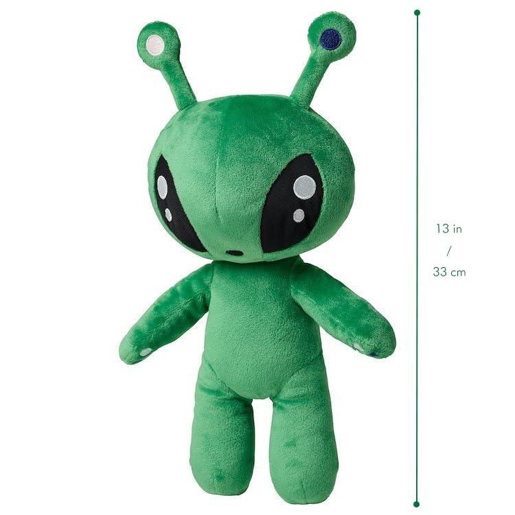 OSOCU green alien plush adds soft texture to shelves and nightstands.