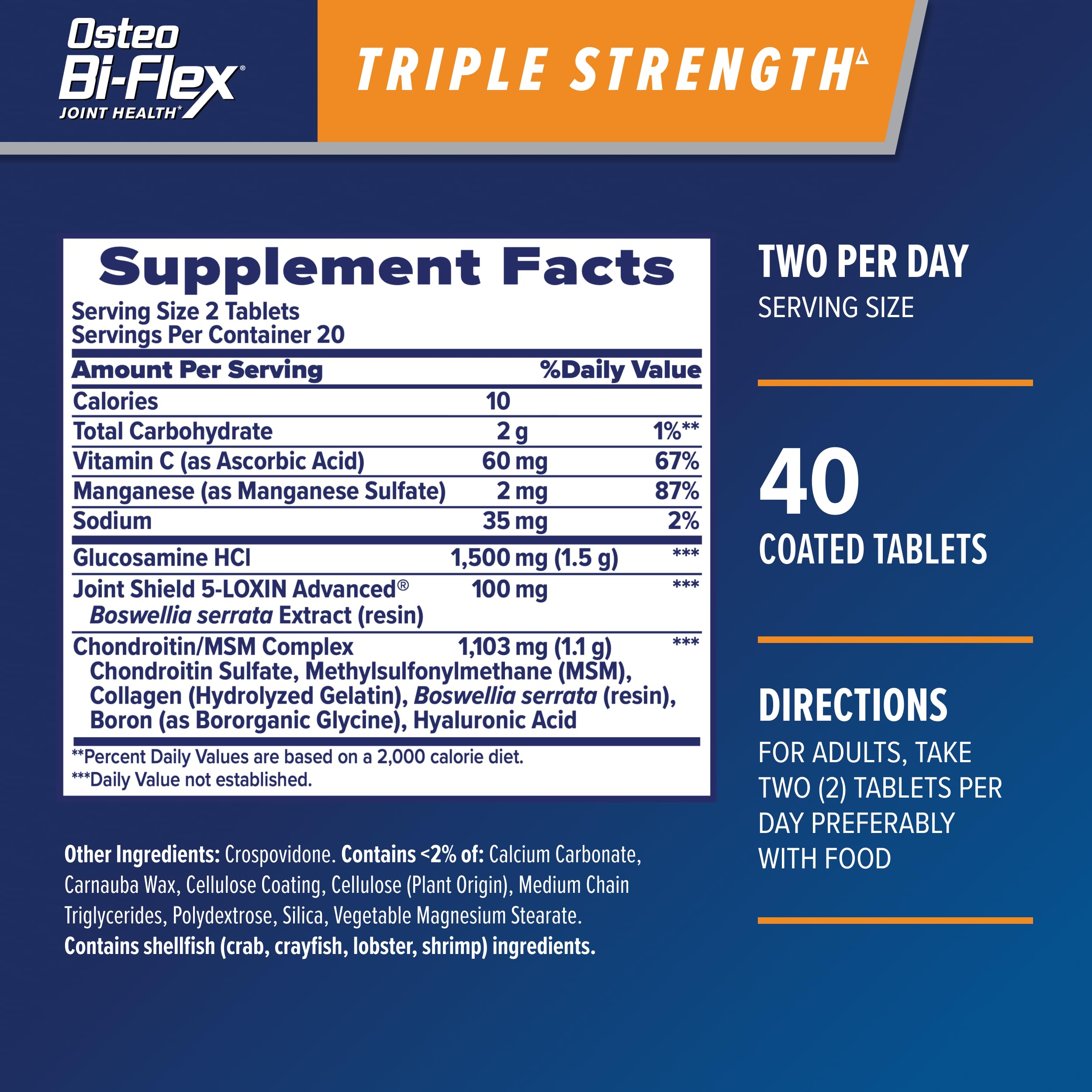 Osteo Bi-Flex bottle back label highlights ingredients like 5-LOXIN Advanced