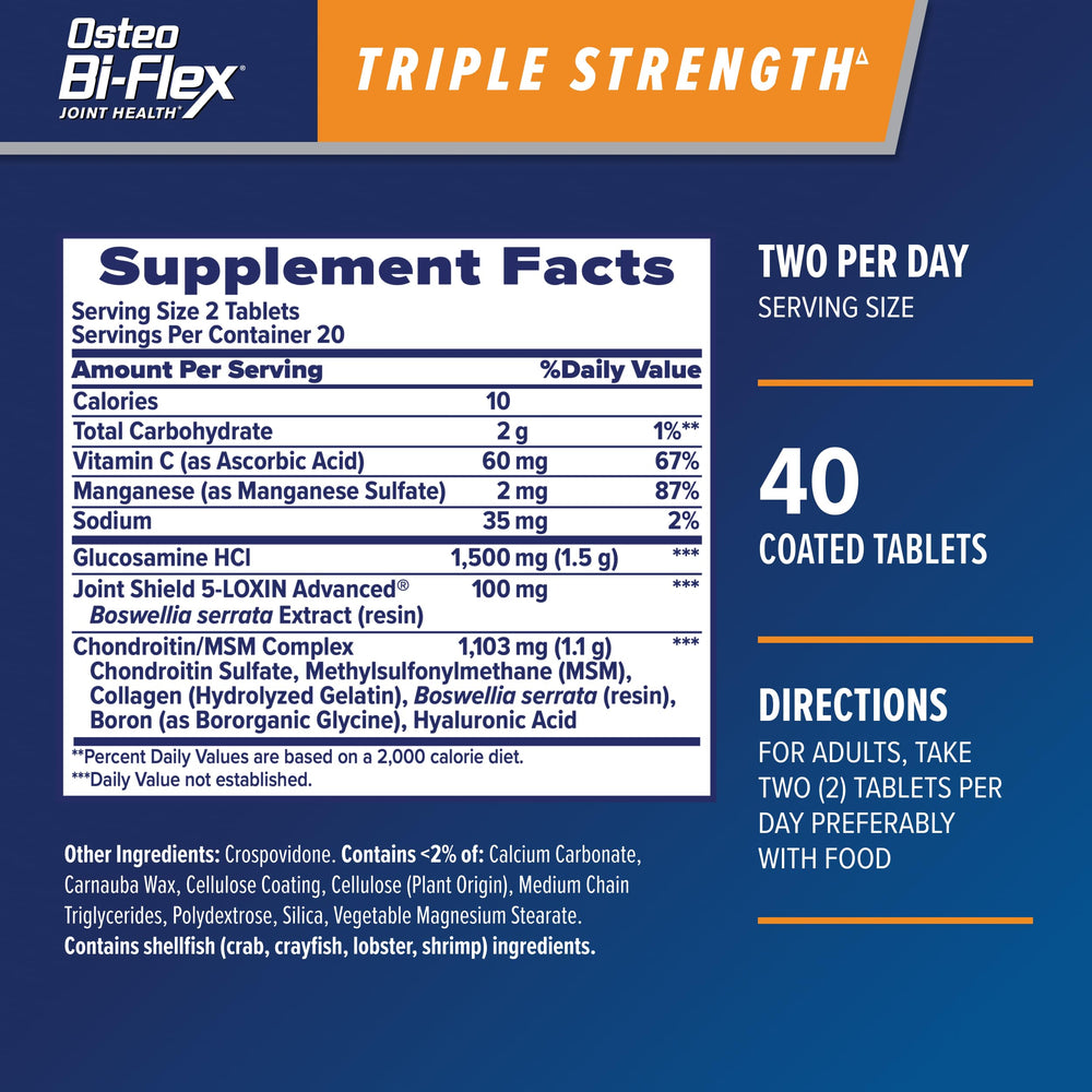 Osteo Bi-Flex bottle back label highlights ingredients like 5-LOXIN Advanced