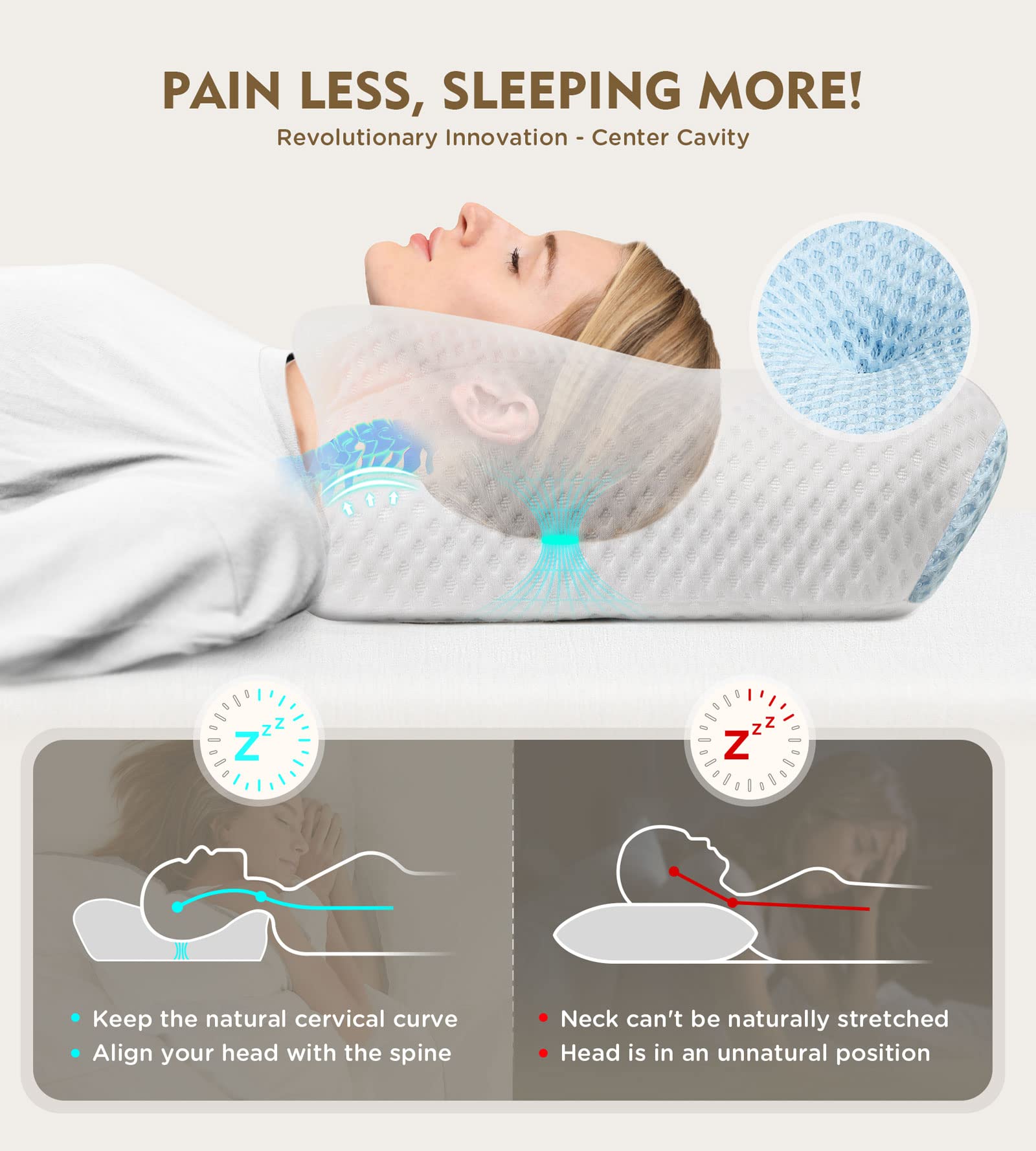 Osteo pillow foam core detail emphasizes adaptive shape for personalized neck comfort.