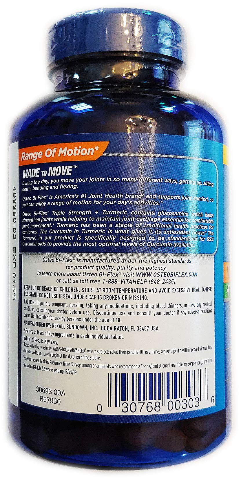 Osteo Bi-Flex packaging highlights turmeric curcumin and cartilage-support ingredients.