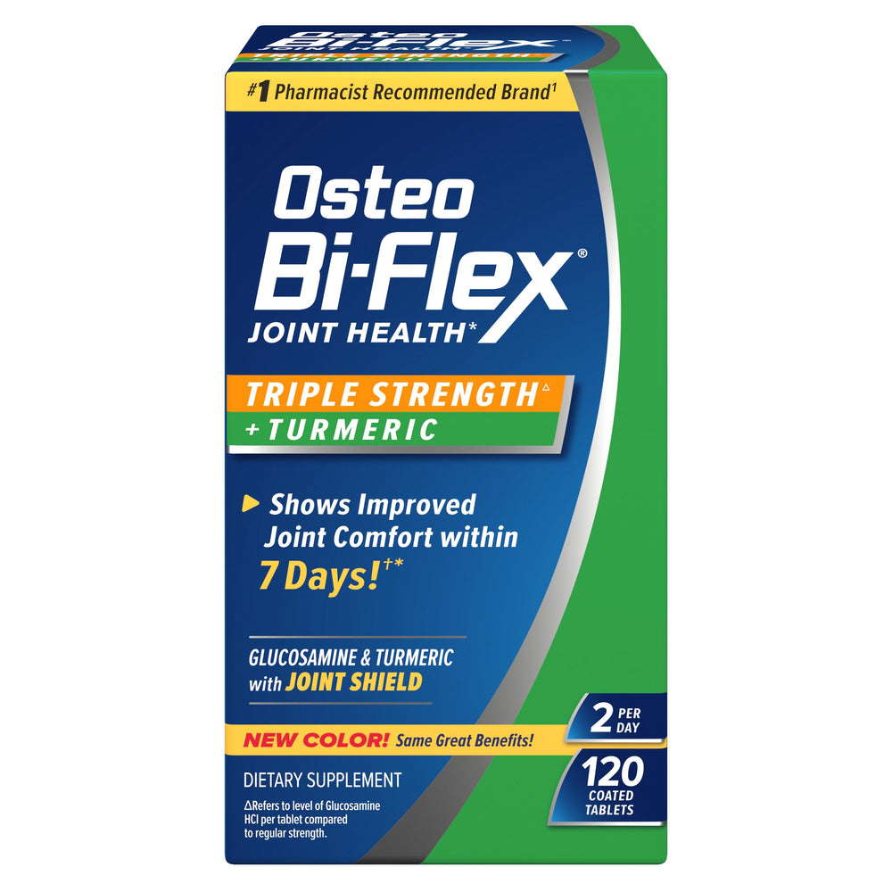 Osteo Bi-Flex triple-strength turmeric bottle boosts joint comfort and mobility.
