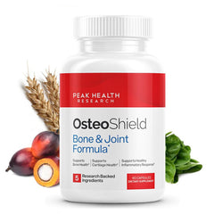 OsteoShield bottle front featuring the Peak Health Research formula for bone support