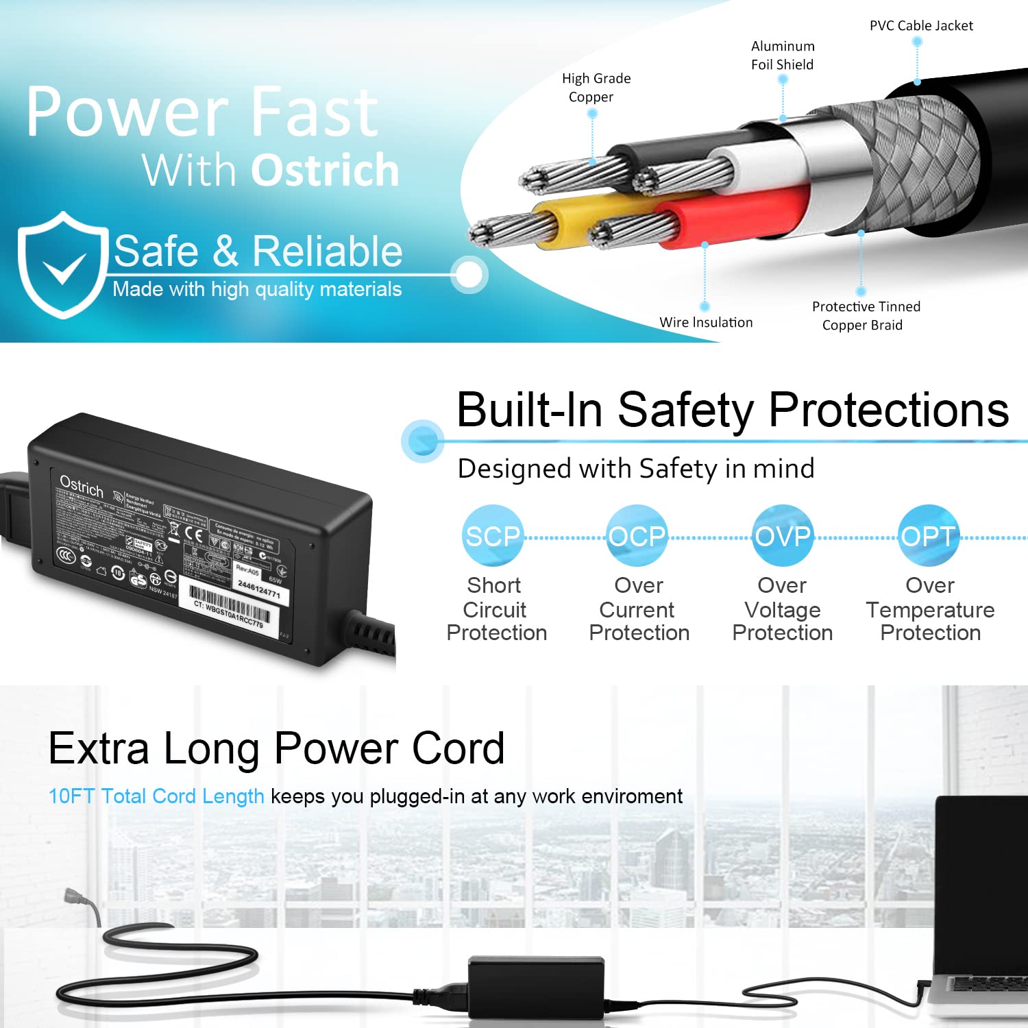 Ostrich safety certifications, US and Canada compliant for safe charging.