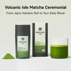 OSULLOC ceremonial-grade matcha in jar close-up, vibrant color and premium quality