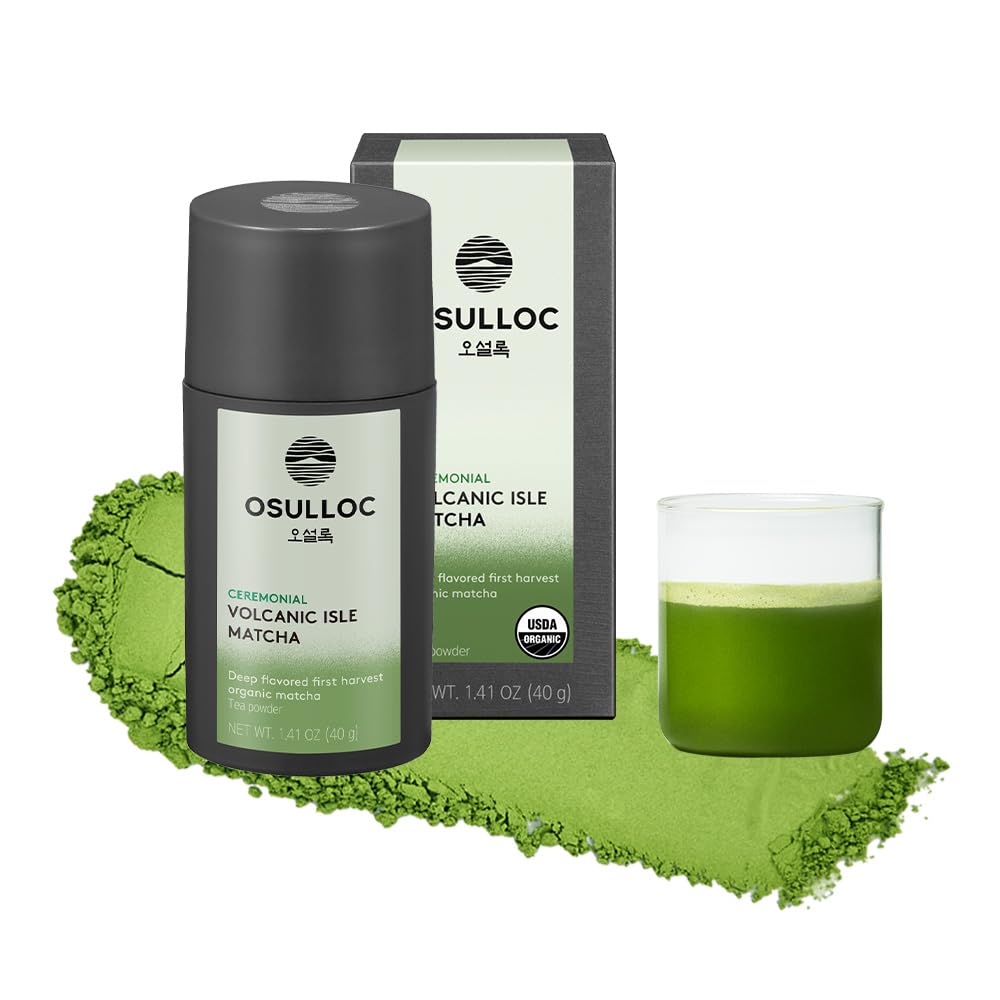 OSULLOC Volcanic Isle Matcha powder in latte setup for smooth lattes