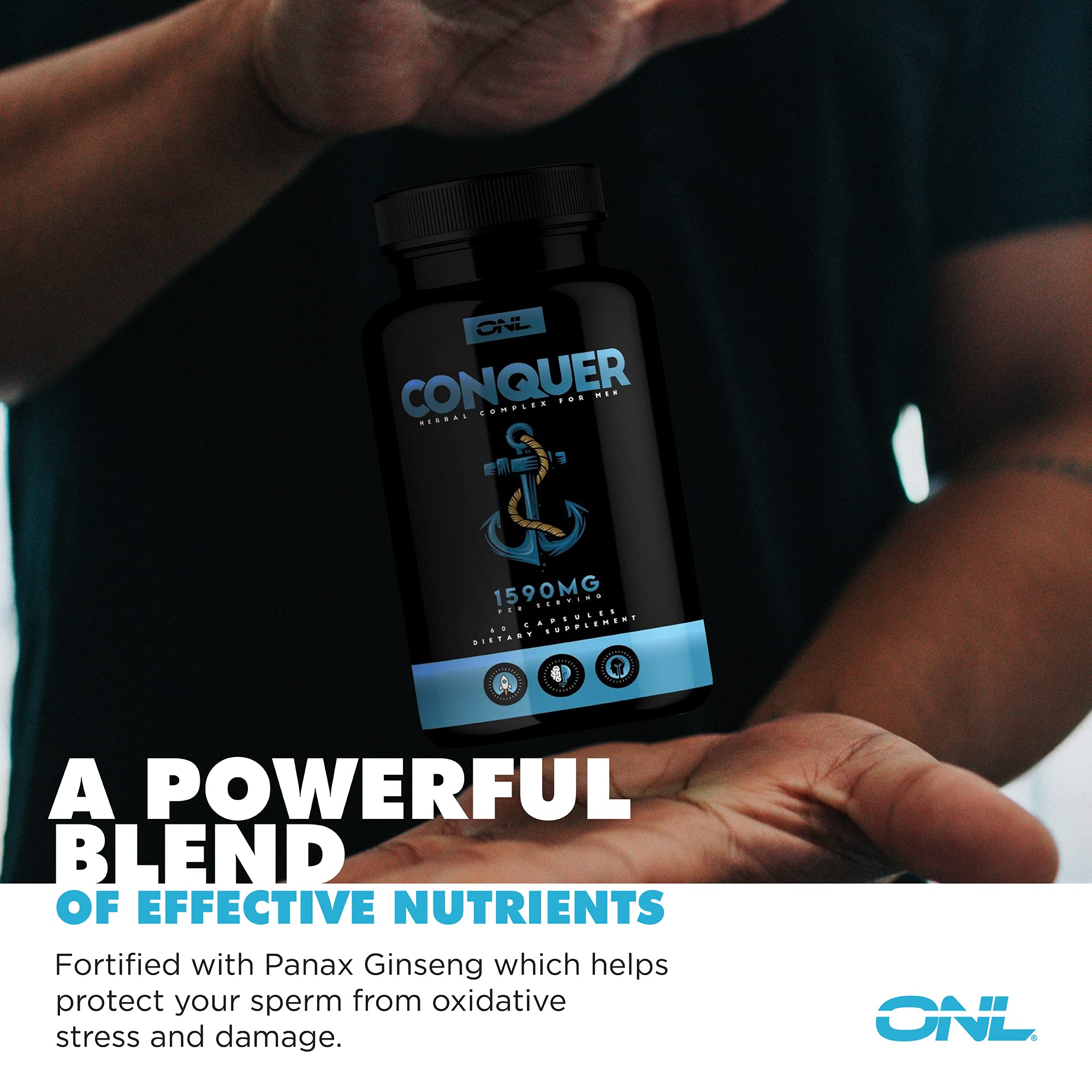 Osyris ONL Conquer label closeup highlighting high-quality herbal blend.