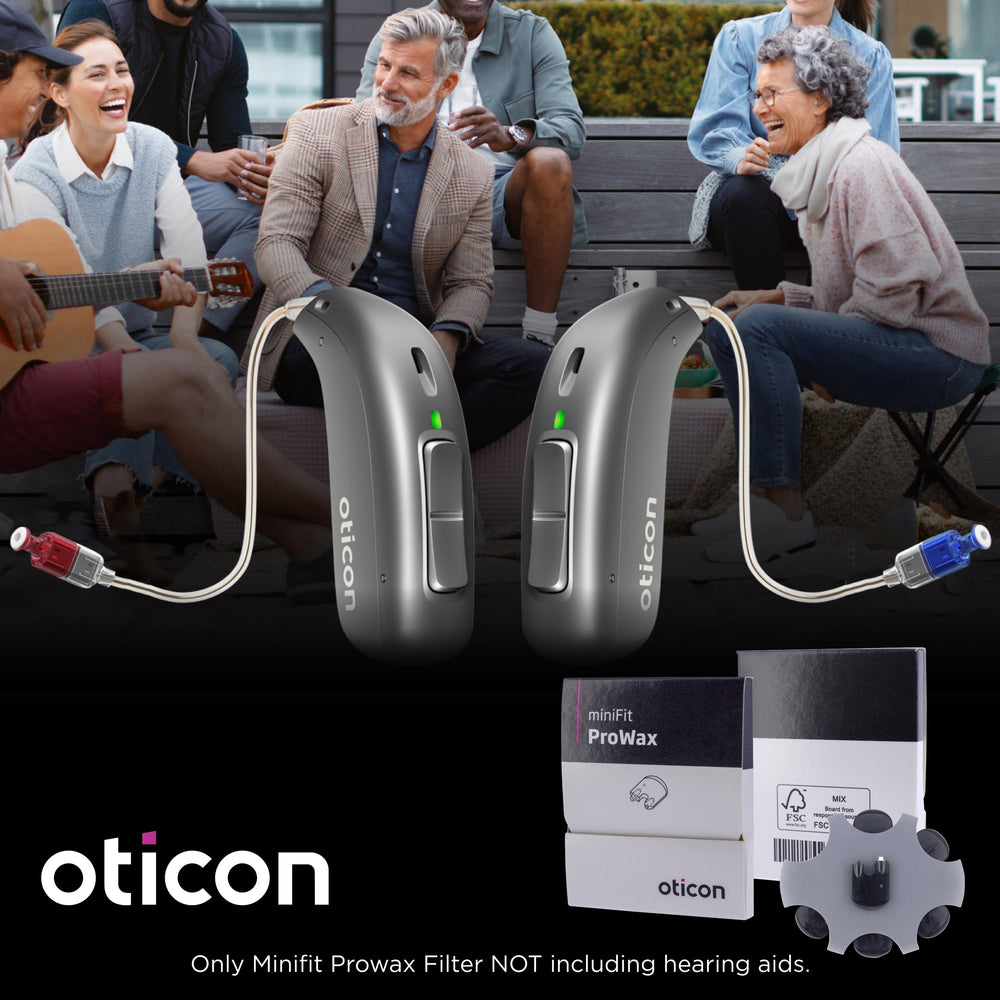 Oticon Minifit ProWax in use with hearing aid demonstrating protection