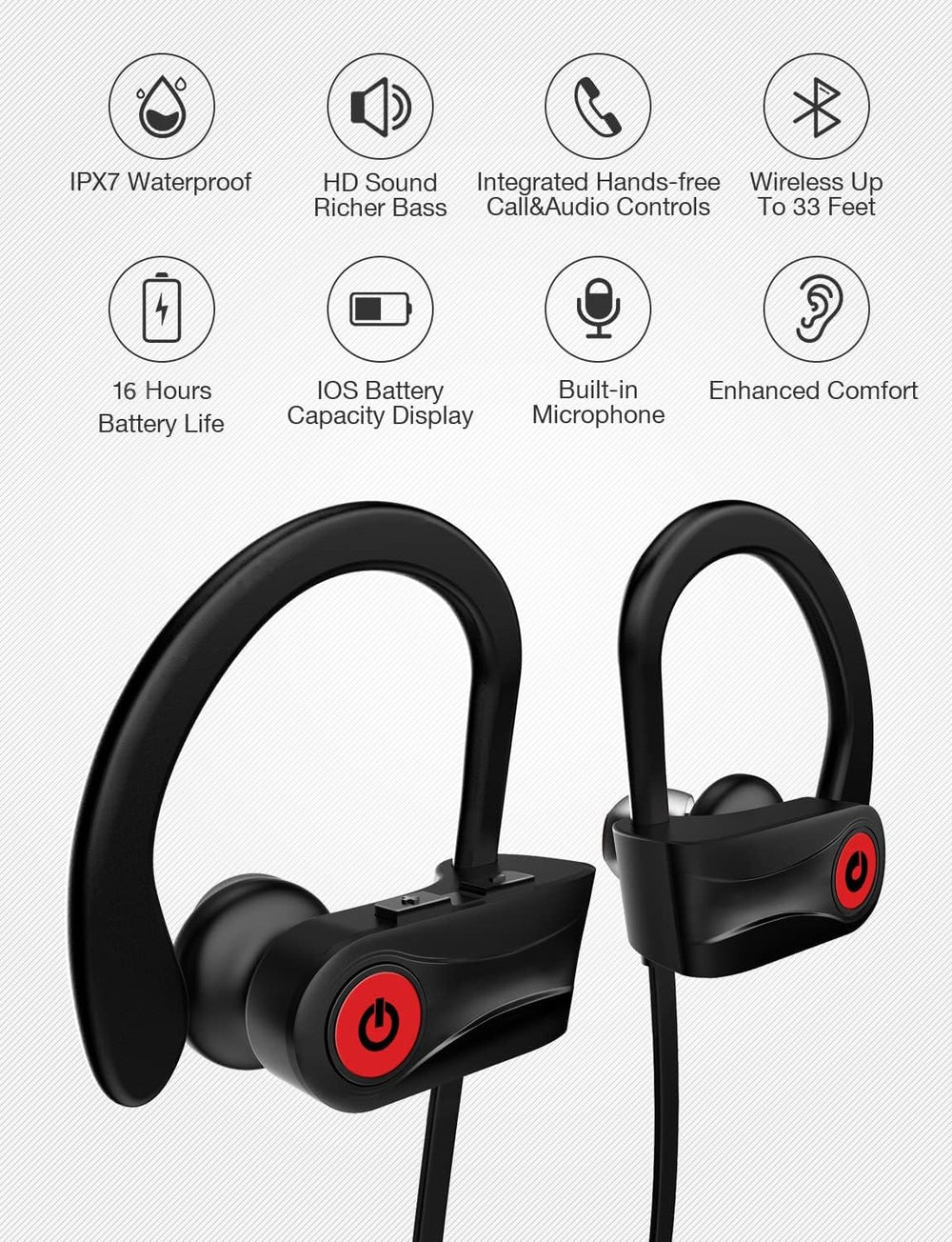 Otium Bluetooth Earbuds worn with silicone hooks for secure workout fit.