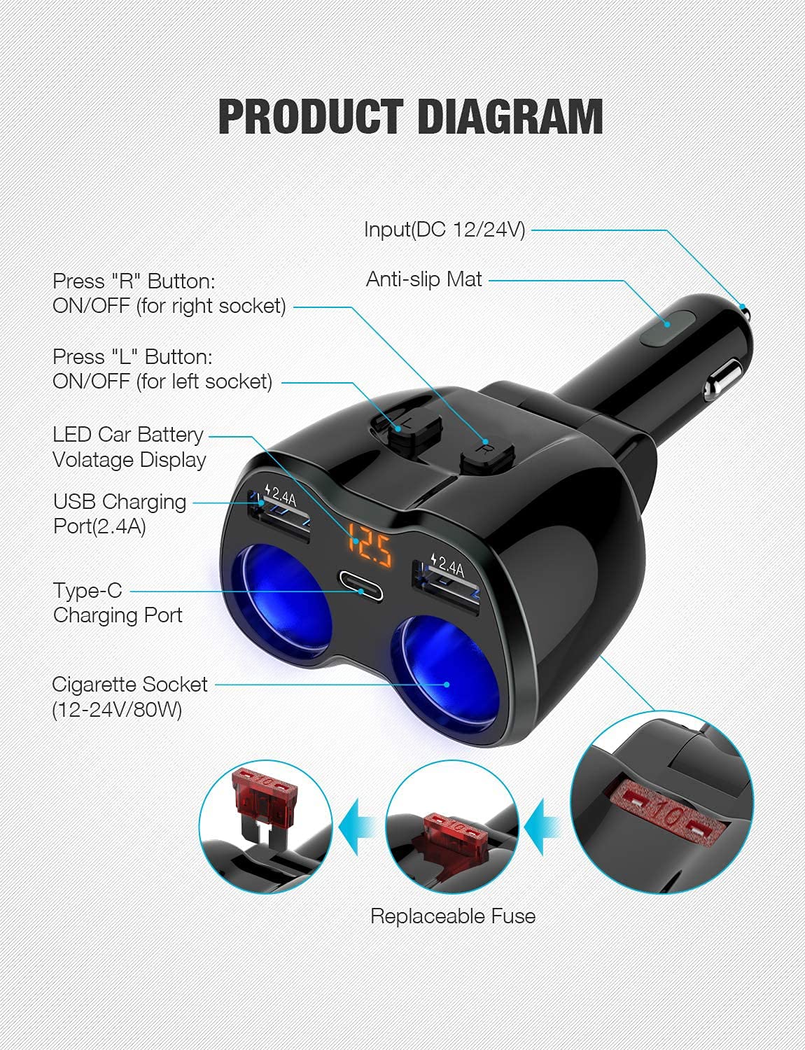 Otium car charger featuring independent switches to control each socket.