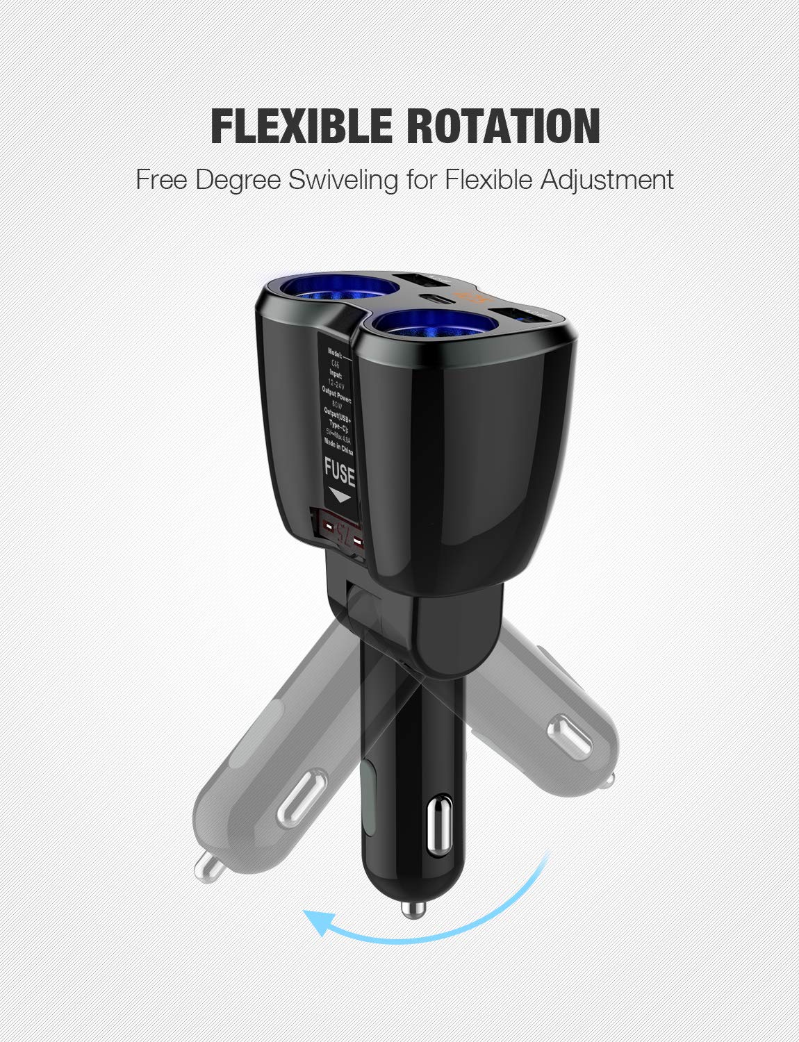 Otium Type-C port on car charger for streamlined device charging.