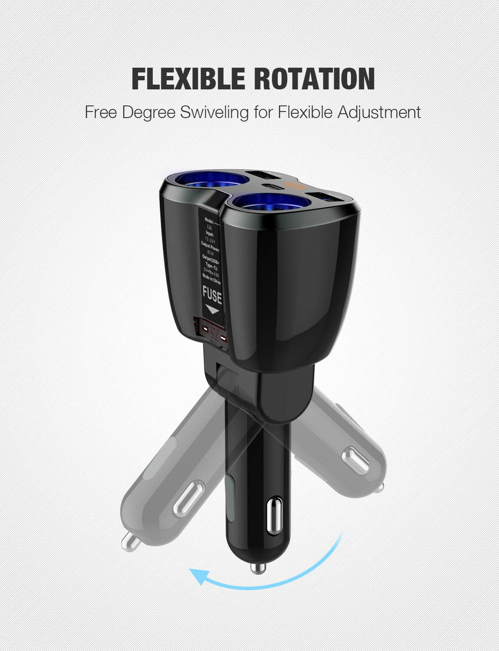 Otium Type-C port on car charger for streamlined device charging.