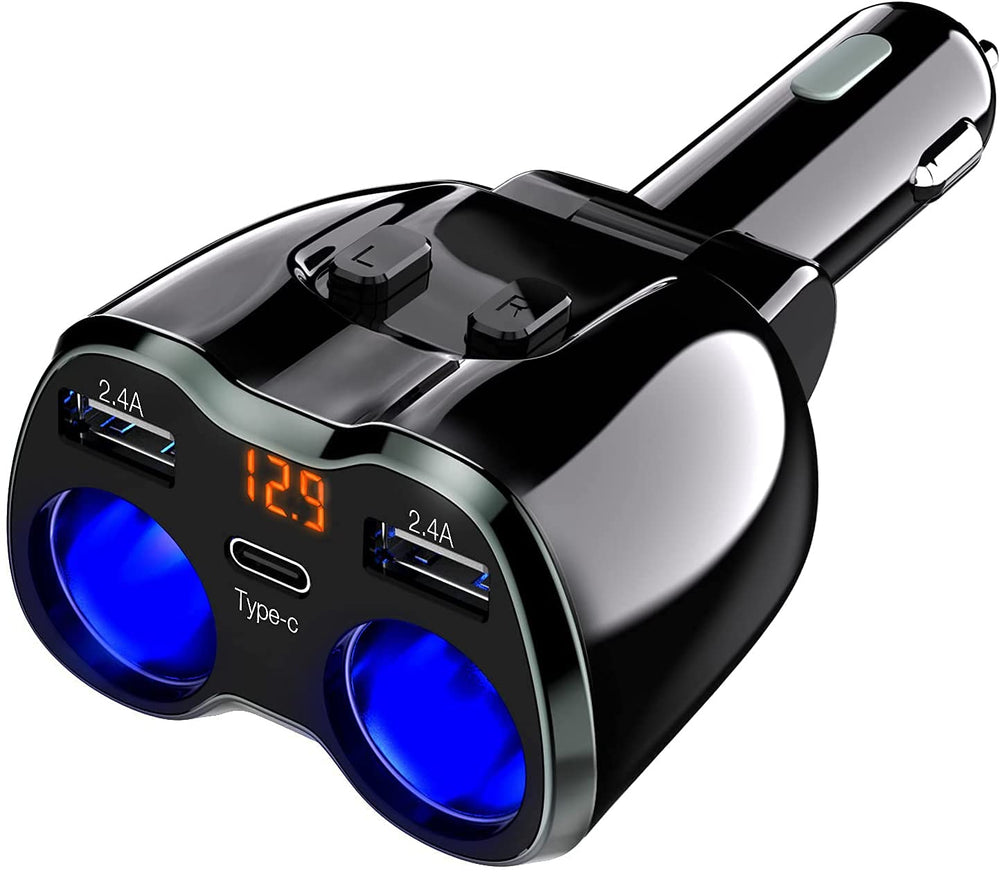 Otium USB-C car charger with two sockets for simultaneous charging on the road.