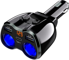 Otium USB-C car charger with two sockets for simultaneous charging on the road.