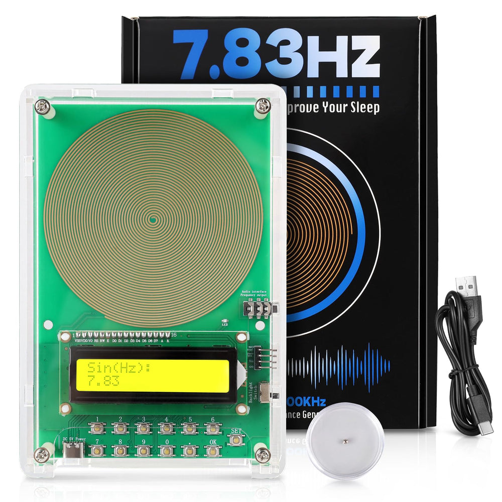OTXUGK Schumann resonance generator in acrylic case on desktop for relaxation sessions