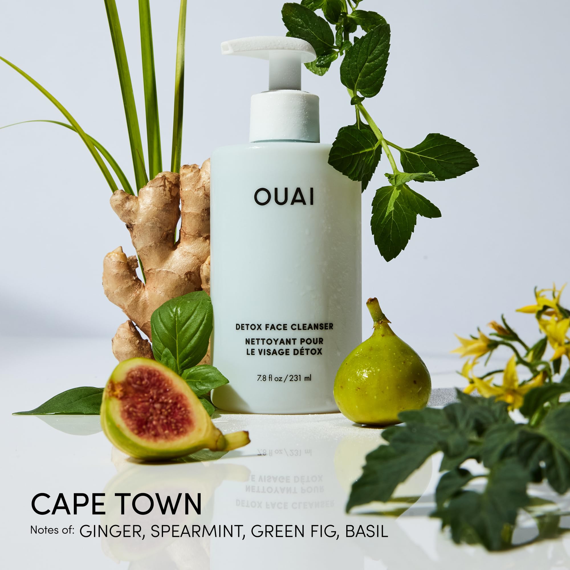 OUAI Detox Facial Cleanser glycolic ingredient graphic highlights gentle exfoliation.