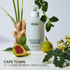 OUAI Detox Facial Cleanser glycolic ingredient graphic highlights gentle exfoliation.