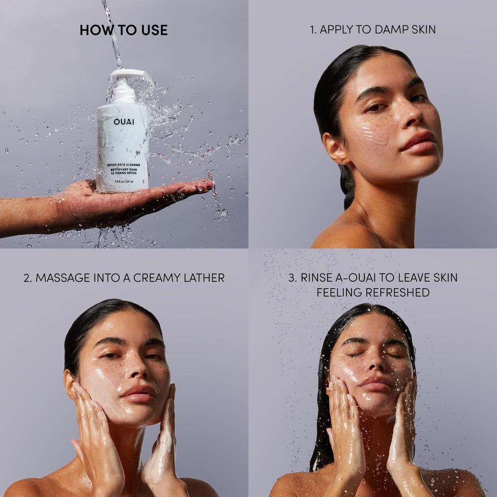 OUAI Detox Facial Cleanser post-workout sweat removal close-up demonstrates deep cleansing.
