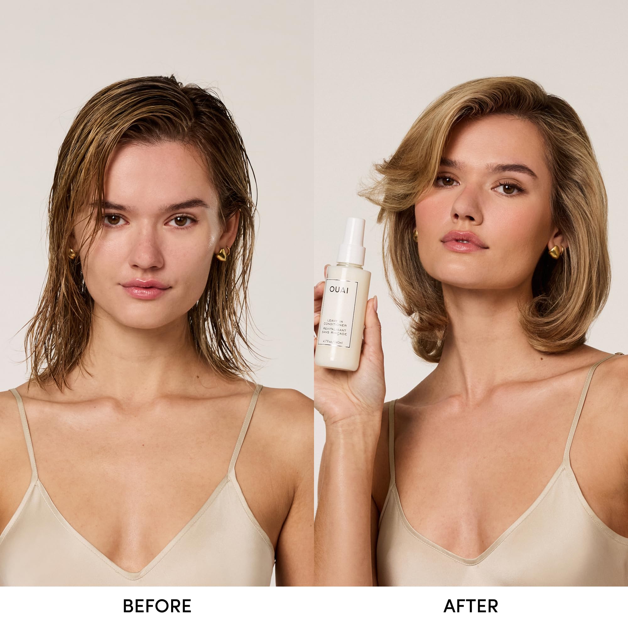 OUAI Leave-In Conditioner being applied to hair for detangling.