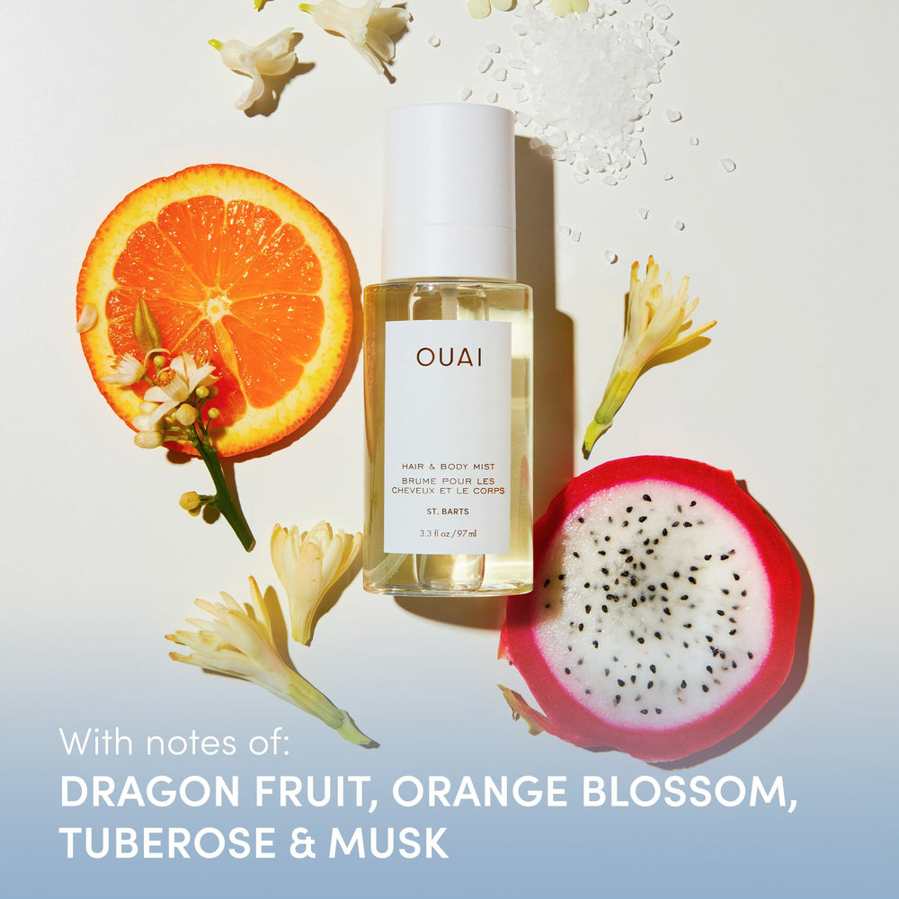 OUAI St. Barts body mist being spritzed for head-to-toe fragrance.