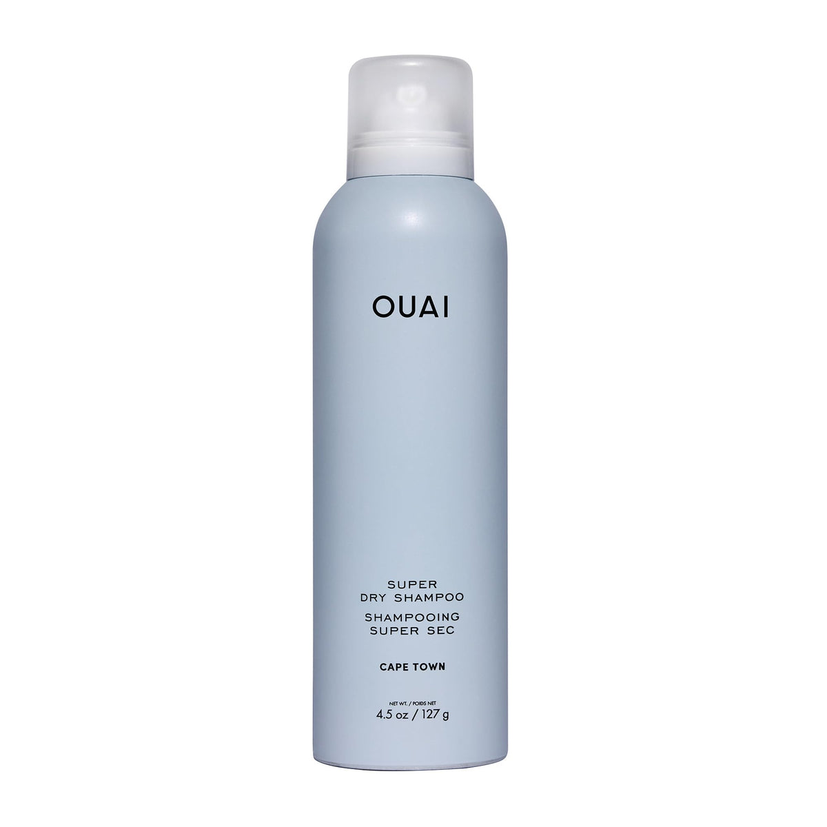 OUAI Super Dry Shampoo bottle shows Cape Town scent and oil-absorbing power for refreshed hair.