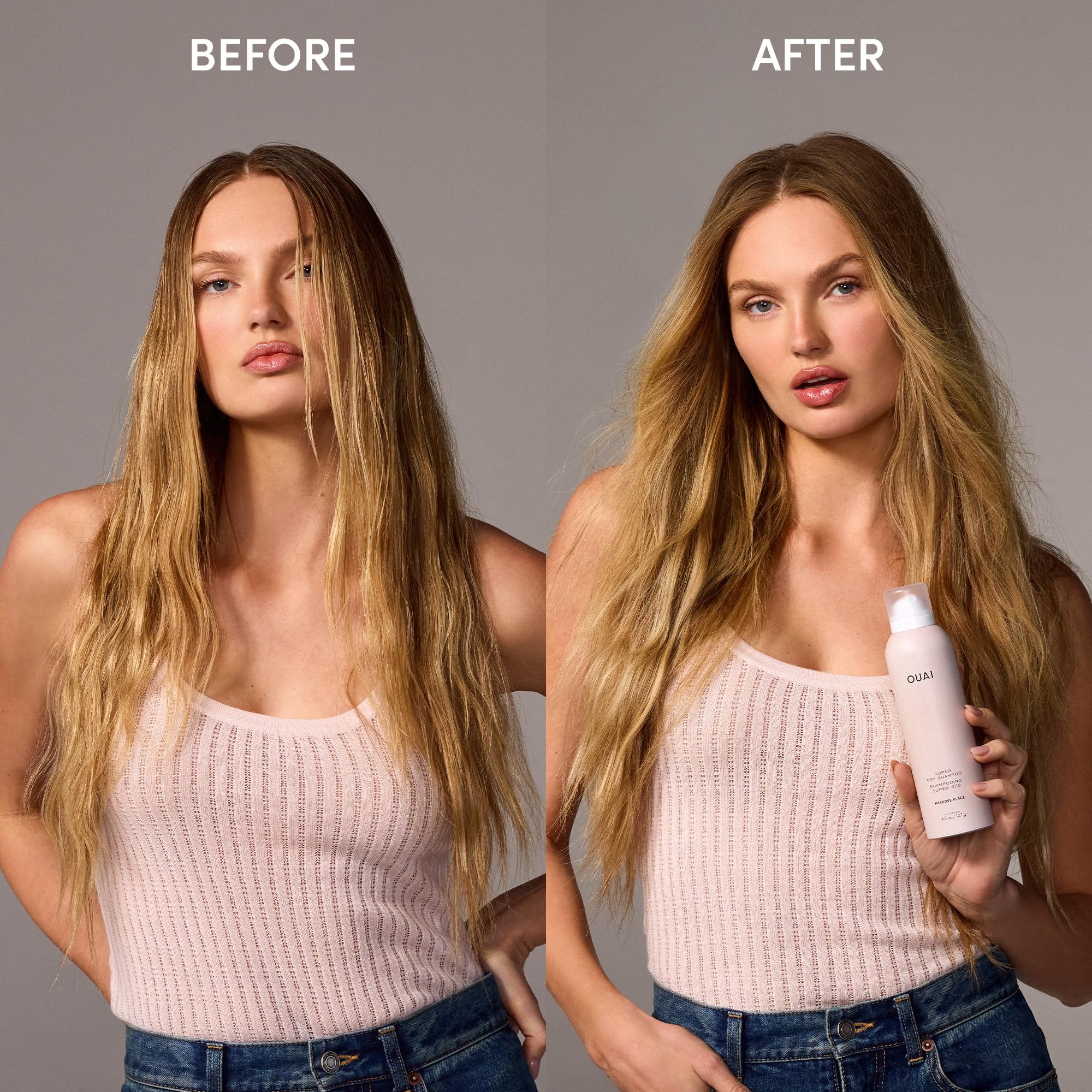 Shake and apply OUAI dry shampoo to roots for quick refresh