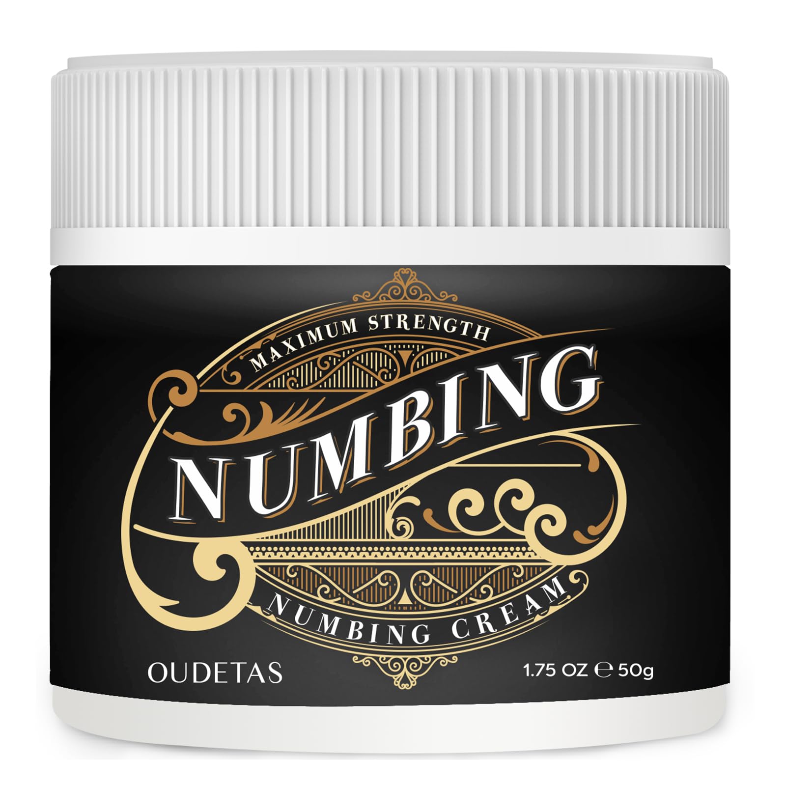 Oudetas Numbing Cream bottle closeup showing compact packaging for on-the-go relief.