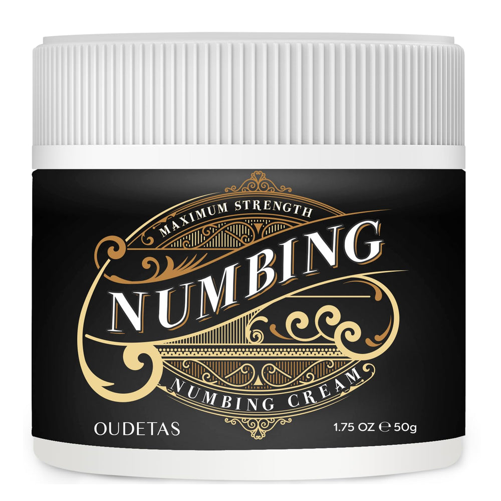 Oudetas Numbing Cream bottle closeup showing compact packaging for on-the-go relief.