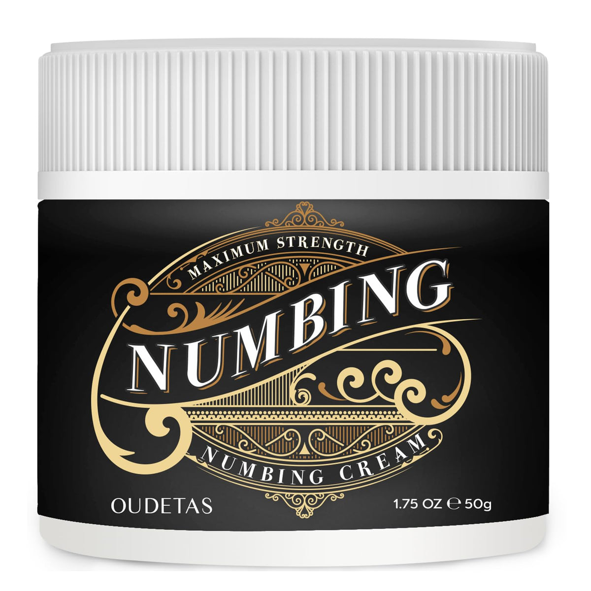 Oudetas Numbing Cream bottle closeup showing compact packaging for on-the-go relief.