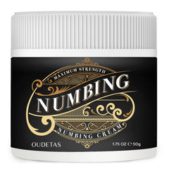 Oudetas Numbing Cream bottle closeup showing compact packaging for on-the-go relief.