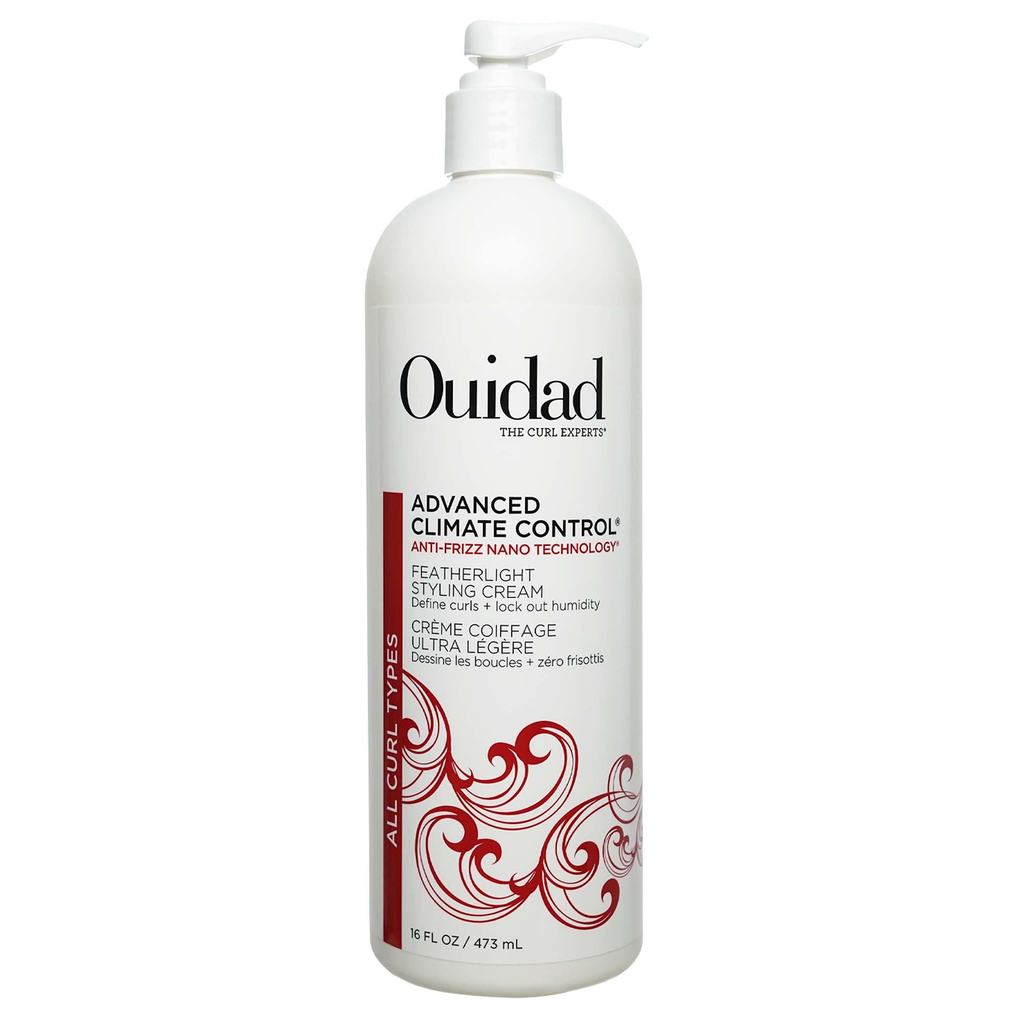 Ouidad Advanced Climate Control cream bottle showing frizz protection and hydrated curls.
